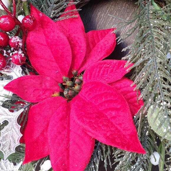 Christmas Handmade Red Flower Silver Wreath Home Office Decor Door Wall Hanger - Picture 7 of 8